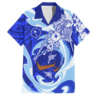 Chuuk Micronesian Roots Family Matching Mermaid Dress and Hawaiian Shirt Polynesian Tribal Pattern Hibiscus Flower And Stingray Art TS04 Dad's Shirt - Short Sleeve Blue White - Polynesian Pride
