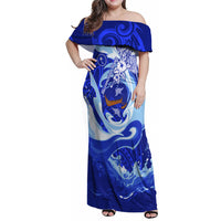 Chuuk Micronesian Roots Family Matching Off Shoulder Maxi Dress and Hawaiian Shirt Polynesian Tribal Pattern Hibiscus Flower And Stingray Art