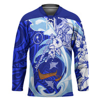 Chuuk Micronesian Roots Hockey Jersey Polynesian Tribal Pattern Hibiscus Flower And Stingray Art TS04 Unisex Blue White - Polynesian Pride