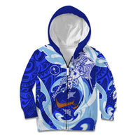 Chuuk Micronesian Roots Kid Hoodie Polynesian Tribal Pattern Hibiscus Flower And Stingray Art TS04 Zip Hoodie Blue White - Polynesian Pride