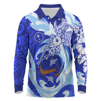 Chuuk Micronesian Roots Long Sleeve Polo Shirt Polynesian Tribal Pattern Hibiscus Flower And Stingray Art TS04 Blue White - Polynesian Pride