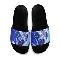 Chuuk Micronesian Roots Slide Sandals Polynesian Tribal Pattern Hibiscus Flower And Stingray Art TS04 Blue White - Polynesian Pride