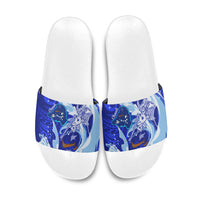Chuuk Micronesian Roots Slide Sandals Polynesian Tribal Pattern Hibiscus Flower And Stingray Art TS04 Blue White - Polynesian Pride