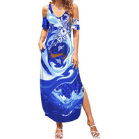 Chuuk Micronesian Roots Summer Maxi Dress Polynesian Tribal Pattern Hibiscus Flower And Stingray Art TS04 Women Blue White - Polynesian Pride