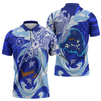 Chuuk Micronesian Roots Zipper Polo Shirt Polynesian Tribal Pattern Hibiscus Flower And Stingray Art TS04 - Polynesian Pride