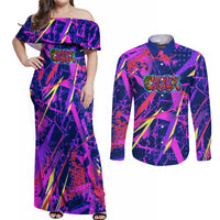 Chuuk Tropical Sunset Coordinates Couples Matching Off Shoulder Maxi Dress and Long Sleeve Button Shirt Neon Graffiti Polynesian Tribal TS04 Purple Pink - Polynesian Pride