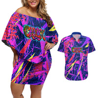 Chuuk Tropical Sunset Coordinates Couples Matching Off Shoulder Short Dress and Hawaiian Shirt Neon Graffiti Polynesian Tribal TS04 Purple Pink - Polynesian Pride