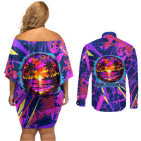 Chuuk Tropical Sunset Coordinates Couples Matching Off Shoulder Short Dress and Long Sleeve Button Shirt Neon Graffiti Polynesian Tribal TS04 - Polynesian Pride