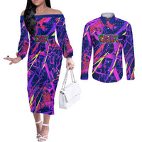Chuuk Tropical Sunset Coordinates Couples Matching Off The Shoulder Long Sleeve Dress and Long Sleeve Button Shirt Neon Graffiti Polynesian Tribal TS04 Purple Pink - Polynesian Pride
