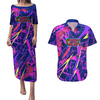 Chuuk Tropical Sunset Coordinates Couples Matching Puletasi and Hawaiian Shirt Neon Graffiti Polynesian Tribal TS04 Purple Pink - Polynesian Pride