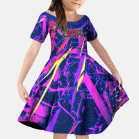 Chuuk Tropical Sunset Coordinates Kid Short Sleeve Dress Neon Graffiti Polynesian Tribal TS04 KID Purple Pink - Polynesian Pride
