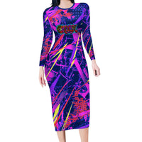 Chuuk Tropical Sunset Coordinates Long Sleeve Bodycon Dress Neon Graffiti Polynesian Tribal TS04 Long Dress Purple Pink - Polynesian Pride