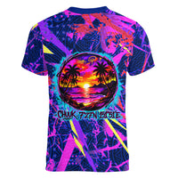 Chuuk Tropical Sunset Coordinates Women V-Neck T-Shirt Neon Graffiti Polynesian Tribal TS04 - Polynesian Pride