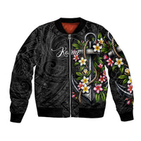 Kosrae Nautical Heritage Bomber Jacket Polynesian Tribal Anchor With Plumeria Tropical Art TS04 Unisex Black Grey - Polynesian Pride