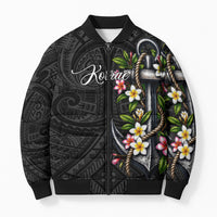Kosrae Nautical Heritage Bomber Puffer Jacket Polynesian Tribal Anchor With Plumeria Tropical Art TS04 Unisex Black Grey - Polynesian Pride