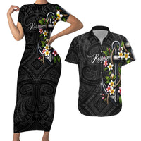 Kosrae Nautical Heritage Couples Matching Short Sleeve Bodycon Dress and Hawaiian Shirt Polynesian Tribal Anchor With Plumeria Tropical Art TS04 Black Grey - Polynesian Pride