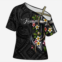 Kosrae Nautical Heritage Cross Shoulder Shirt Polynesian Tribal Anchor With Plumeria Tropical Art TS04 Female Black Grey - Polynesian Pride