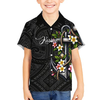 Kosrae Nautical Heritage Family Matching Puletasi and Hawaiian Shirt Polynesian Tribal Anchor With Plumeria Tropical Art TS04 Son's Shirt Black Grey - Polynesian Pride