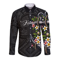 Kosrae Nautical Heritage Long Sleeve Button Shirt Polynesian Tribal Anchor With Plumeria Tropical Art TS04 Unisex Black Grey - Polynesian Pride
