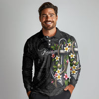 Kosrae Nautical Heritage Long Sleeve Polo Shirt Polynesian Tribal Anchor With Plumeria Tropical Art