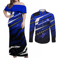 Kosrae Deep Sea Scuba Diving Couples Matching Off Shoulder Maxi Dress and Long Sleeve Button Shirt Blue Hole Beneath The Surface Coral Reef Graphic Art TS04 Blue Black - Polynesian Pride