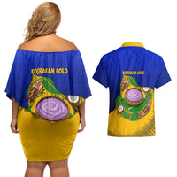 Kosrae Fafa Culinary Heritage Couples Matching Off Shoulder Short Dress and Hawaiian Shirt Kosraean Gold Taro Tradition Illustration With Coconut Leaves