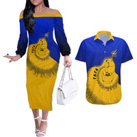 Kosrae Fafa Culinary Heritage Couples Matching Off The Shoulder Long Sleeve Dress and Hawaiian Shirt Kosraean Gold Taro Tradition Illustration With Coconut Leaves TS04 Blue Yellow - Polynesian Pride