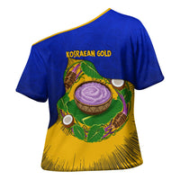 Kosrae Fafa Culinary Heritage Cross Shoulder Shirt Kosraean Gold Taro Tradition Illustration With Coconut Leaves TS04 - Polynesian Pride