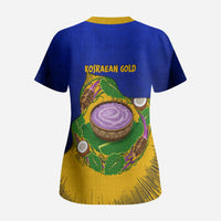 Kosrae Fafa Culinary Heritage Scrub Top Kosraean Gold Taro Tradition Illustration With Coconut Leaves TS04 - Polynesian Pride