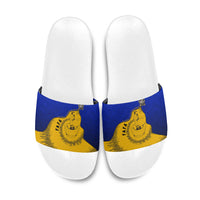 Kosrae Fafa Culinary Heritage Slide Sandals Kosraean Gold Taro Tradition Illustration With Coconut Leaves TS04 Blue Yellow - Polynesian Pride