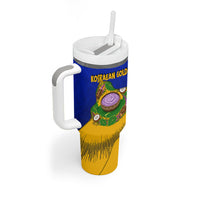 Kosrae Fafa Culinary Heritage Tumbler With Handle Kosraean Gold Taro Tradition Illustration With Coconut Leaves TS04 - Polynesian Pride
