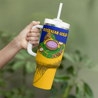 Kosrae Fafa Culinary Heritage Tumbler With Handle Kosraean Gold Taro Tradition Illustration With Coconut Leaves TS04 - Polynesian Pride