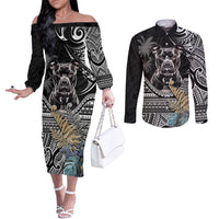 Polynesian Pitbull Couples Matching Off The Shoulder Long Sleeve Dress and Long Sleeve Button Shirts Polynesian Pattern And Pitbull TS04 Black - Polynesian Pride