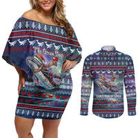 Tonga Christmas Couples Matching Off Shoulder Short Dress and Long Sleeve Button Shirt with Singing Whale Ocean Scene National Coat of Arms TS04 Multicolor - Polynesian Pride