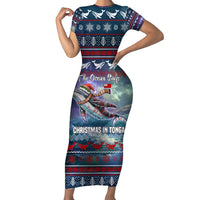 Tonga Christmas Short Sleeve Bodycon Dress with Singing Whale Ocean Scene National Coat of Arms TS04 Long Dress Multicolor - Polynesian Pride