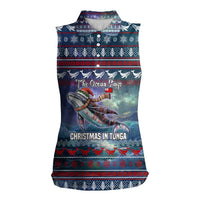 Tonga Christmas Women Sleeveless Polo Shirt with Singing Whale Ocean Scene National Coat of Arms TS04 Female Multicolor - Polynesian Pride