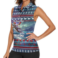 Tonga Christmas Women Sleeveless Polo Shirt with Singing Whale Ocean Scene National Coat of Arms TS04 - Polynesian Pride