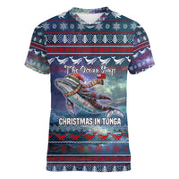 Tonga Christmas Women V-Neck T-Shirt with Singing Whale Ocean Scene National Coat of Arms TS04 Female Multicolor - Polynesian Pride