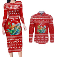 Tonga Christmas Couples Matching Long Sleeve Bodycon Dress and Long Sleeve Button Shirt with Sea Turtle Coral Reef Design Snowflake Pattern and National Emblem TS04 Red White - Polynesian Pride