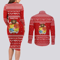 Tonga Christmas Couples Matching Long Sleeve Bodycon Dress and Long Sleeve Button Shirt with Sea Turtle Coral Reef Design Snowflake Pattern and National Emblem TS04 - Polynesian Pride