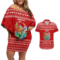 Tonga Christmas Couples Matching Off Shoulder Short Dress and Hawaiian Shirt with Sea Turtle Coral Reef Design Snowflake Pattern and National Emblem TS04 Red White - Polynesian Pride