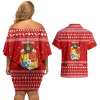 Tonga Christmas Couples Matching Off Shoulder Short Dress and Hawaiian Shirt with Sea Turtle Coral Reef Design Snowflake Pattern and National Emblem TS04 - Polynesian Pride