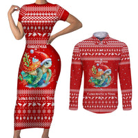 Tonga Christmas Couples Matching Short Sleeve Bodycon Dress and Long Sleeve Button Shirt with Sea Turtle Coral Reef Design Snowflake Pattern and National Emblem TS04 Red White - Polynesian Pride