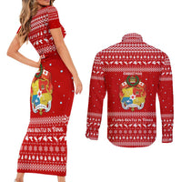 Tonga Christmas Couples Matching Short Sleeve Bodycon Dress and Long Sleeve Button Shirt with Sea Turtle Coral Reef Design Snowflake Pattern and National Emblem TS04 - Polynesian Pride