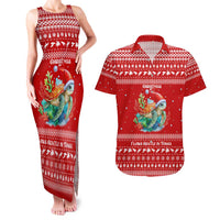 Tonga Christmas Couples Matching Tank Maxi Dress and Hawaiian Shirt with Sea Turtle Coral Reef Design Snowflake Pattern and National Emblem TS04 Red White - Polynesian Pride