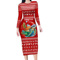 Tonga Christmas Family Matching Long Sleeve Bodycon Dress and Hawaiian Shirt with Sea Turtle Coral Reef Design Snowflake Pattern and National Emblem TS04 Mom's Dress Red White - Polynesian Pride