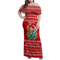 Tonga Christmas Family Matching Off Shoulder Maxi Dress and Hawaiian Shirt with Sea Turtle Coral Reef Design Snowflake Pattern and National Emblem TS04 Mom's Dress Red White - Polynesian Pride