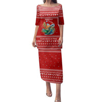Tonga Christmas Family Matching Puletasi and Hawaiian Shirt with Sea Turtle Coral Reef Design Snowflake Pattern and National Emblem TS04 Mom's Dress Red White - Polynesian Pride