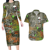 Yeah Nah Graffiti Skull New Zealand Slang Couples Matching Long Sleeve Bodycon Dress and Hawaiian Shirt Kiwi Grunge Brick Wall and Bold Urban Street Art TS04 Multicolor - Polynesian Pride