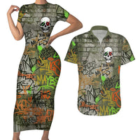 Yeah Nah Graffiti Skull New Zealand Slang Couples Matching Short Sleeve Bodycon Dress and Hawaiian Shirt Kiwi Grunge Brick Wall and Bold Urban Street Art TS04 Multicolor - Polynesian Pride